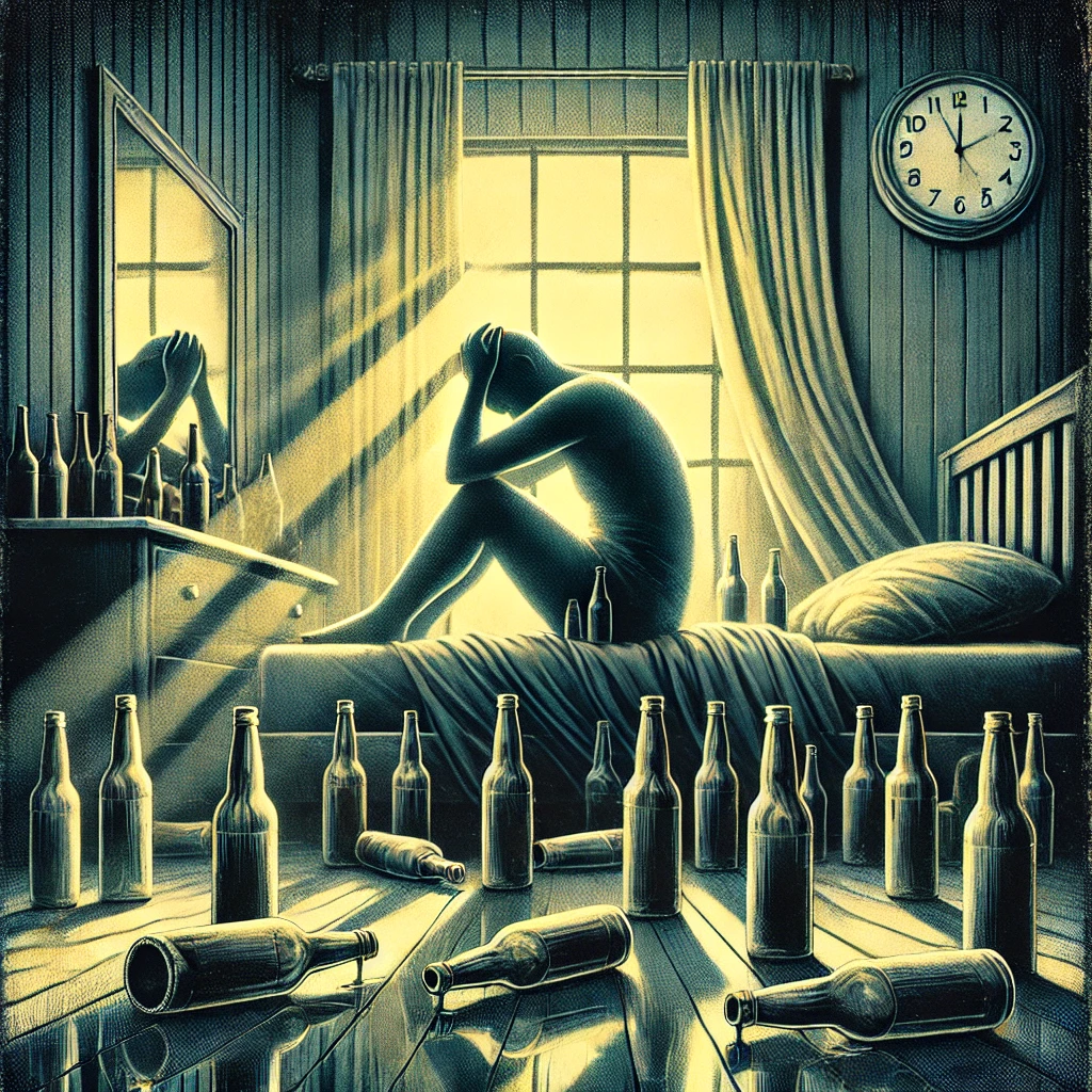 A visual representation of 'hangxiety' (anxiety caused by a hangover), featuring a person sitting at the edge of a bed, holding their head in their hands, surrounded by scattered empty bottles. The room is dimly lit with harsh sunlight peeking through curtains, casting a shadowed, unsettling atmosphere. The person's surroundings, like a clock ticking loudly and distorted reflections in a mirror, symbolize their heightened state of anxiety and unease. The colors are muted, with shades of gray and pale yellow, giving the image a hazy, disorienting feeling.